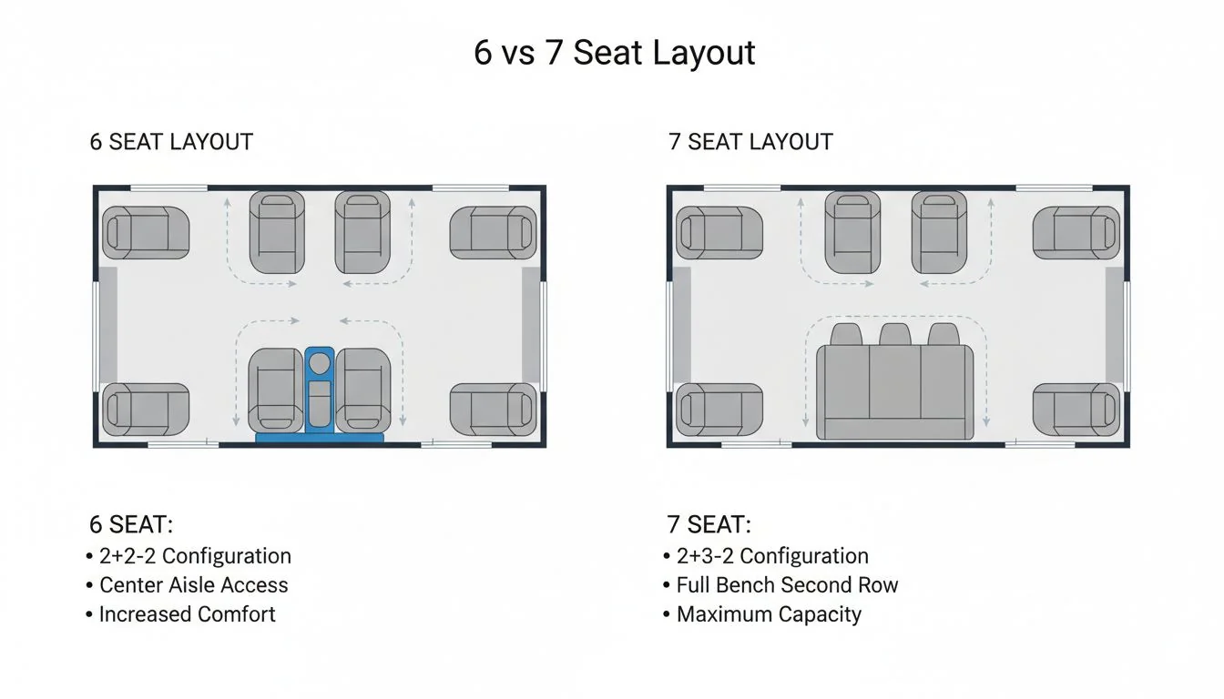 Diagram showing 6 seat vs 7 seat floor layout differences