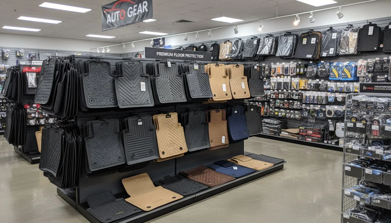 Car accessories shop display with floor mats