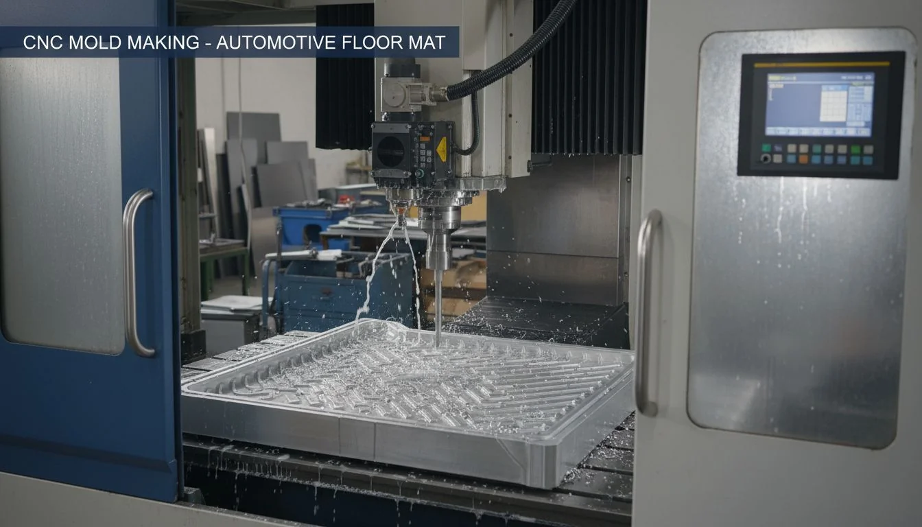 CNC machine cutting a metal mold for car mats