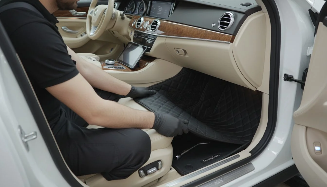mechanic installing black car floor mat in luxury vehicle