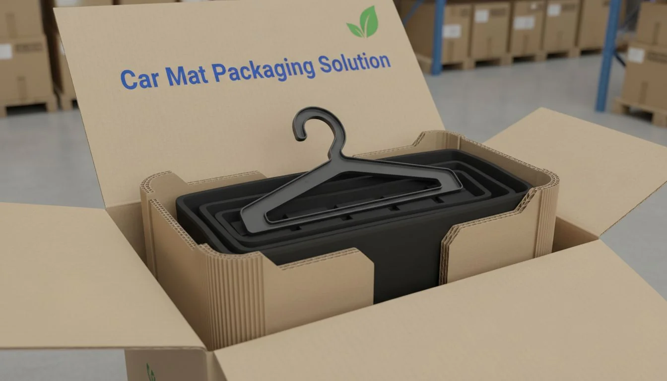 car mats packed with hanger and cardboard in carton