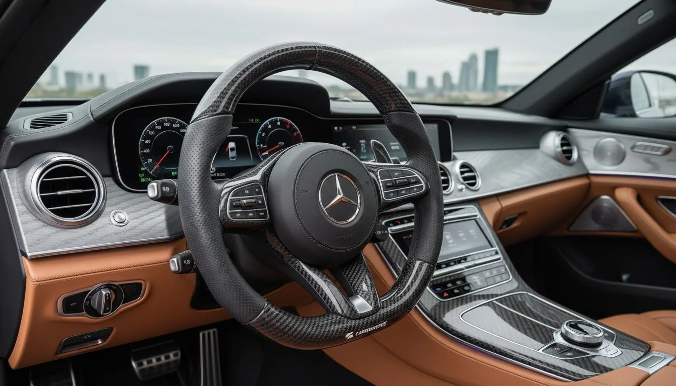 carbon fibre steering wheel cover on a luxury car dashboard