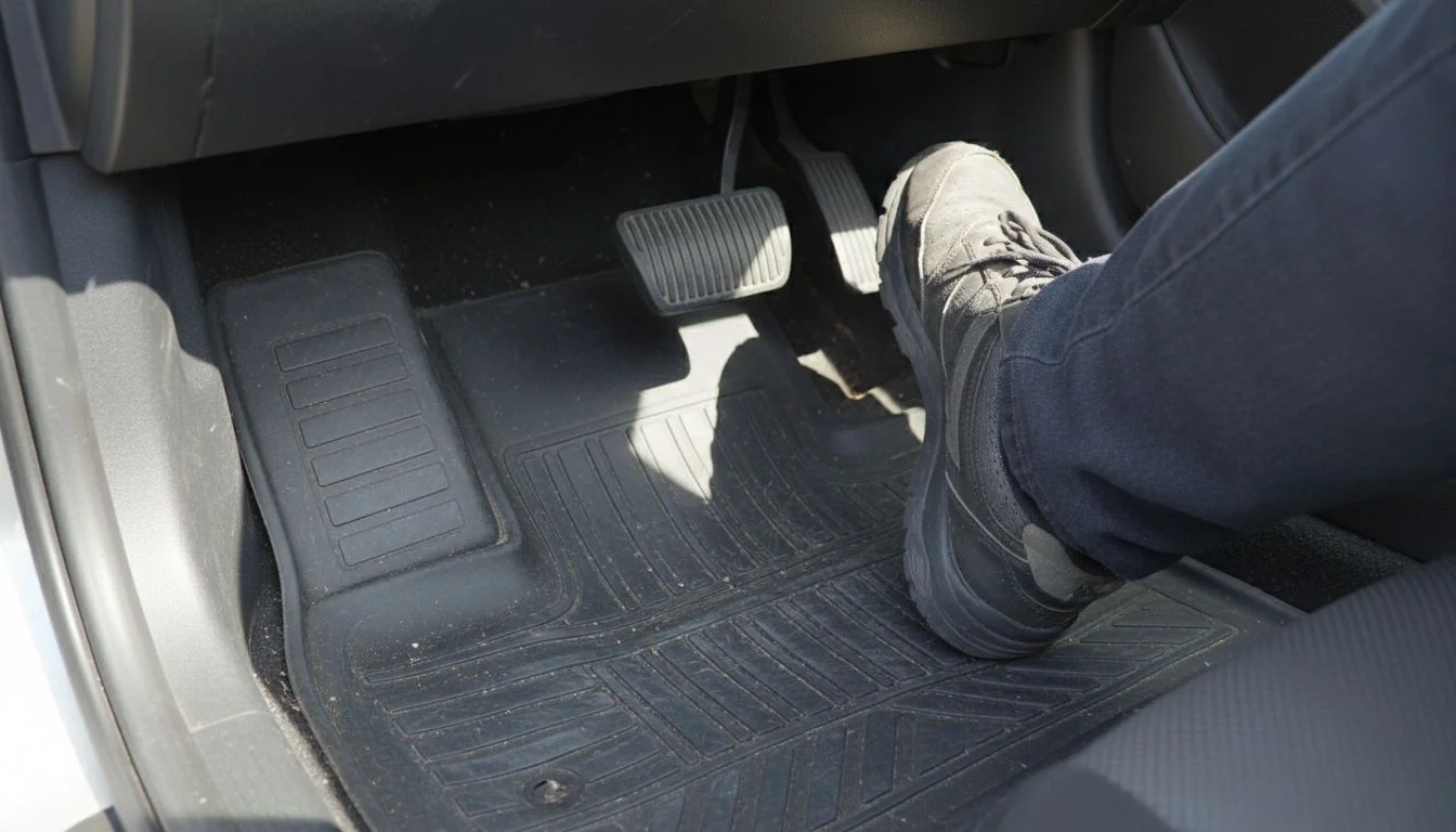 foot pressing gas pedal to check clearance with floor mat
