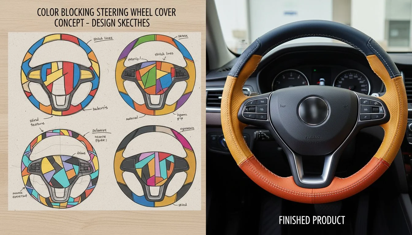 color blocking steering wheel cover design sketches and finished product