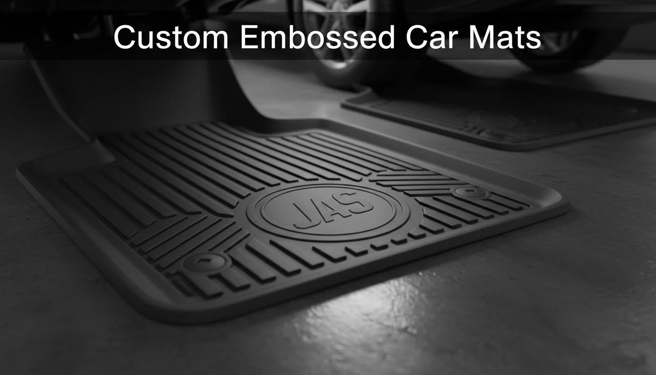 Latex car mats with custom monogram embossing on a dark floor