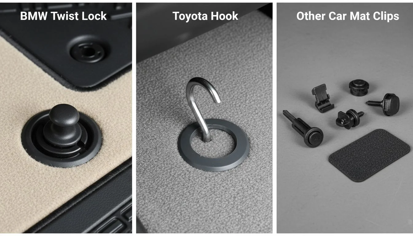 comparison of bmw twist lock vs toyota hook floor mat clips
