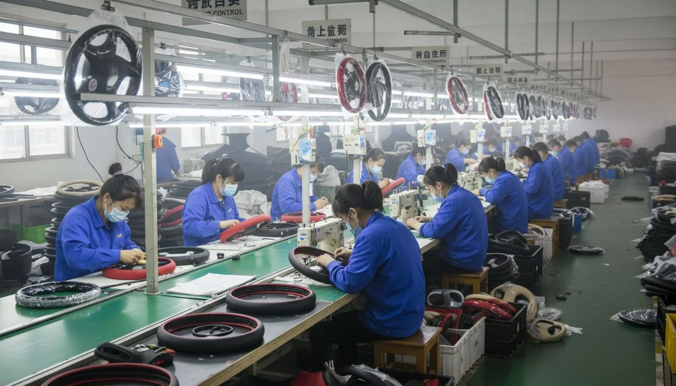 factory worker assembling steering wheel covers in china