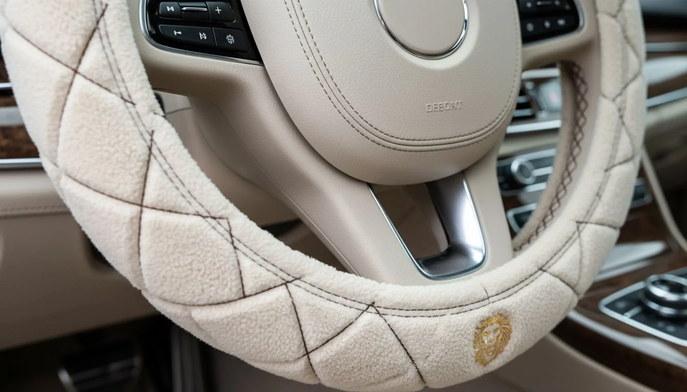 close up of plush texture and stitching on steering wheel cover