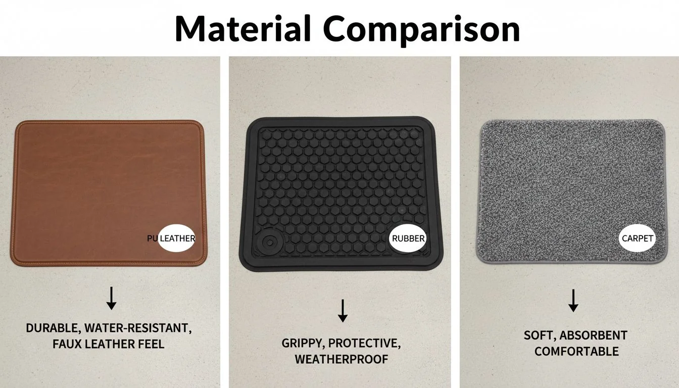 Comparison of PU leather, rubber, and carpet mats