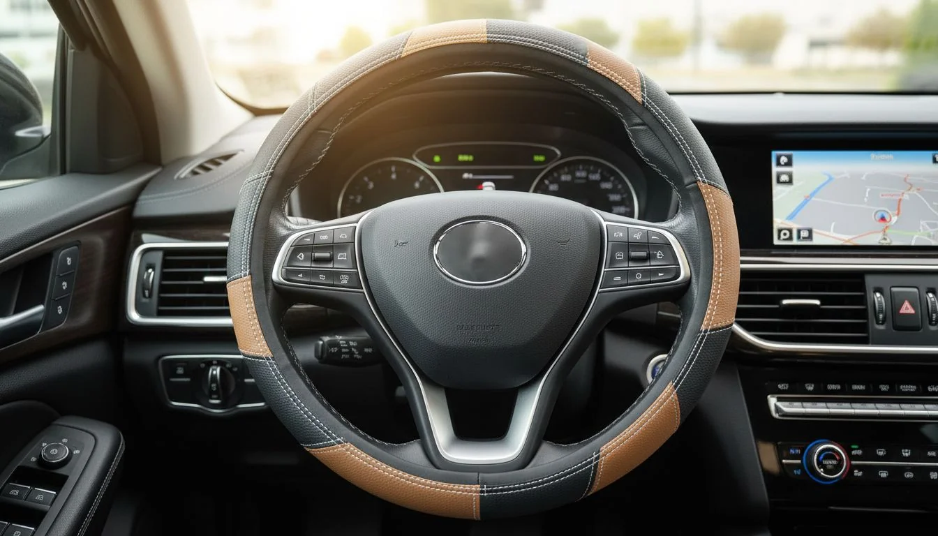 PU leather patchwork steering wheel cover on a car dashboard