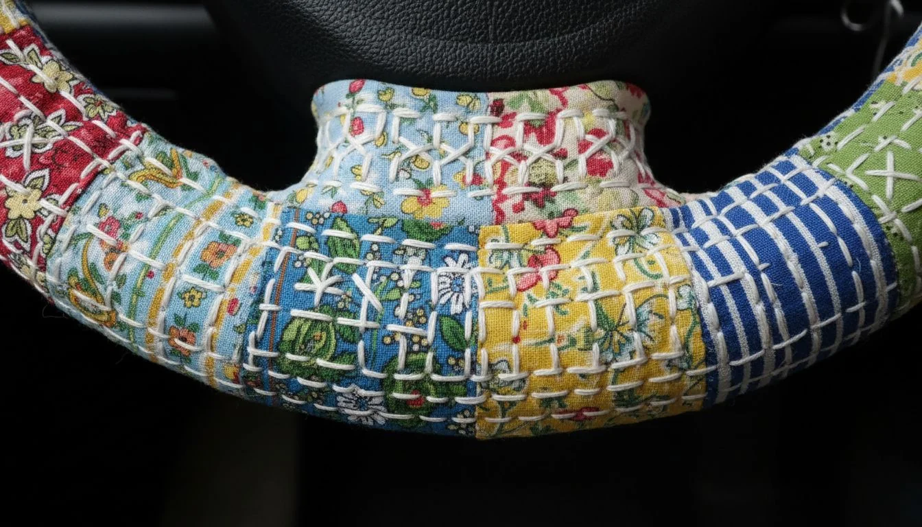 Close up of stitching on a patchwork steering wheel cover