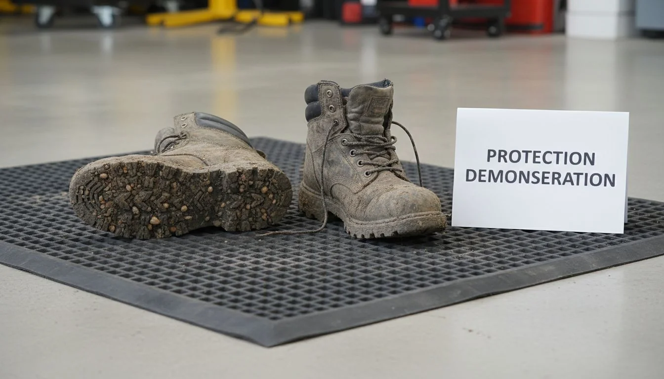 dirty boots on clean heavy duty mat