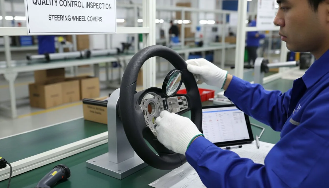 inspector checking steering wheel cover quality