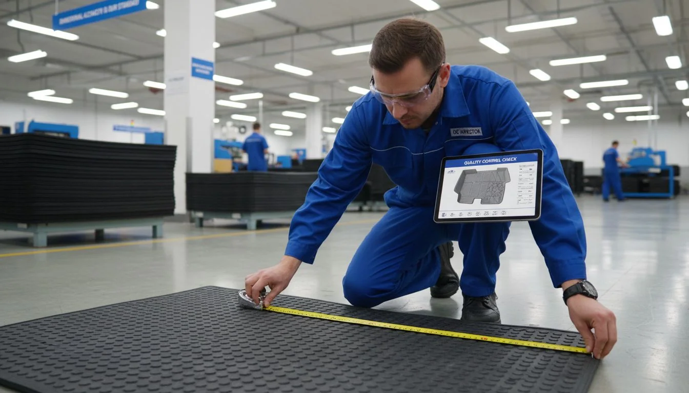 inspector checking floor mat dimensions