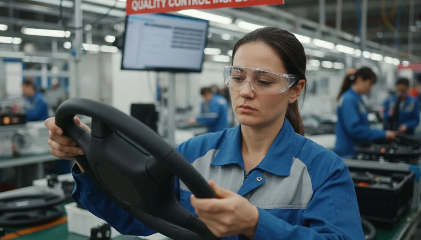 factory worker inspecting steering wheel cover