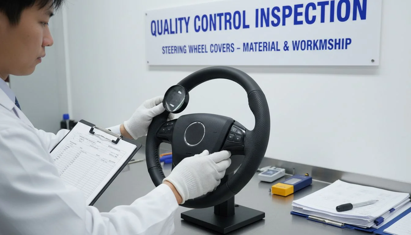 Inspector checking steering wheel cover quality