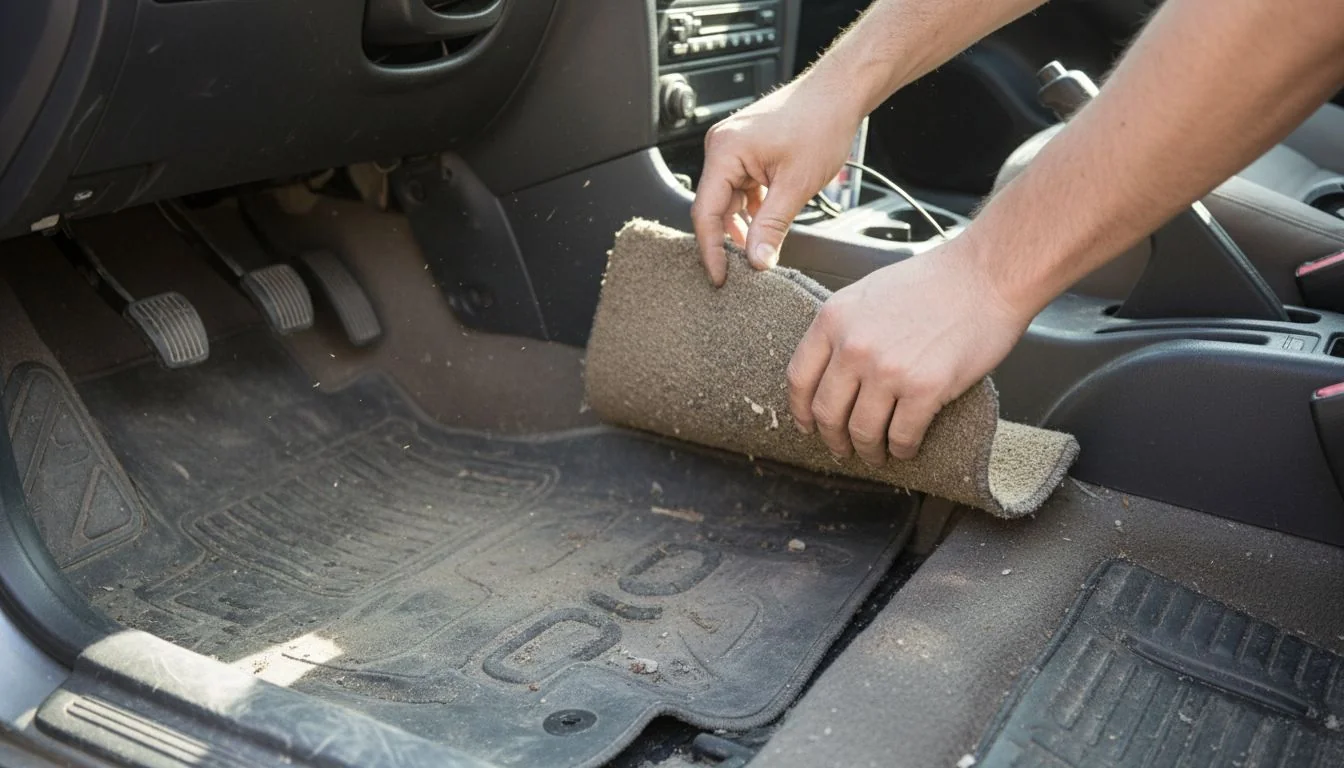 hands removing old carpet floor mats from car