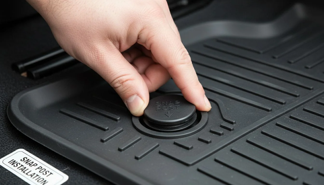 close up of hand pressing down on a snap post floor mat clip