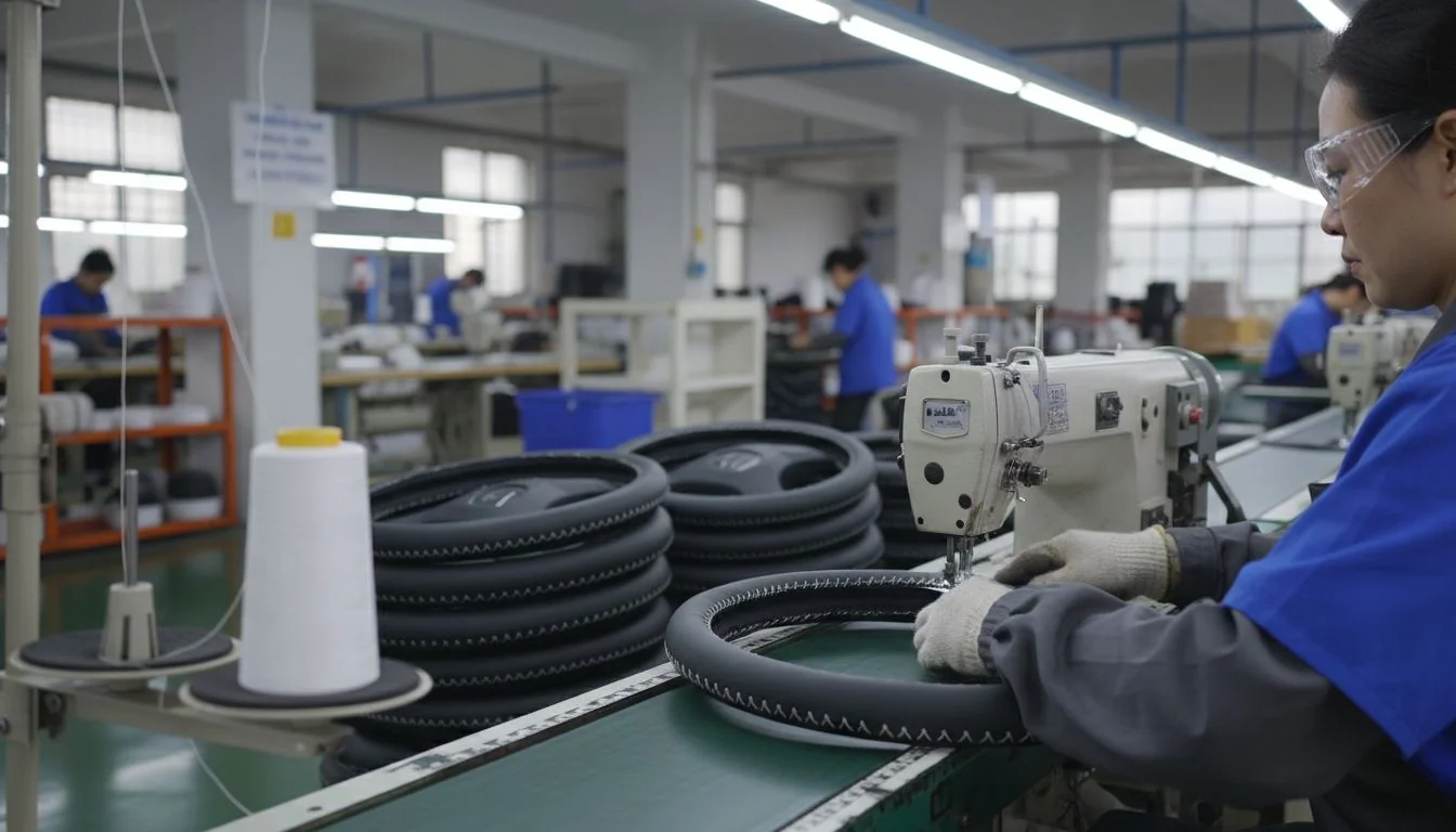 Factory worker sewing a steering wheel cover